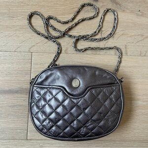 VINTAGE GANSON Mini Bag Purse Chrome QUILTED & CHAIN STRAP Shoulder Excellent C.